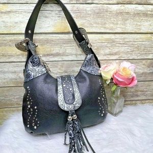 Charm and Luck Black Leather Rhinestone Studded Accent Purse Shoulder Bag Hobo